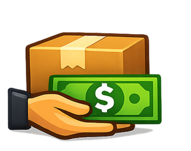 Cartoon hand holding a stack of green money with a brown box on a white background