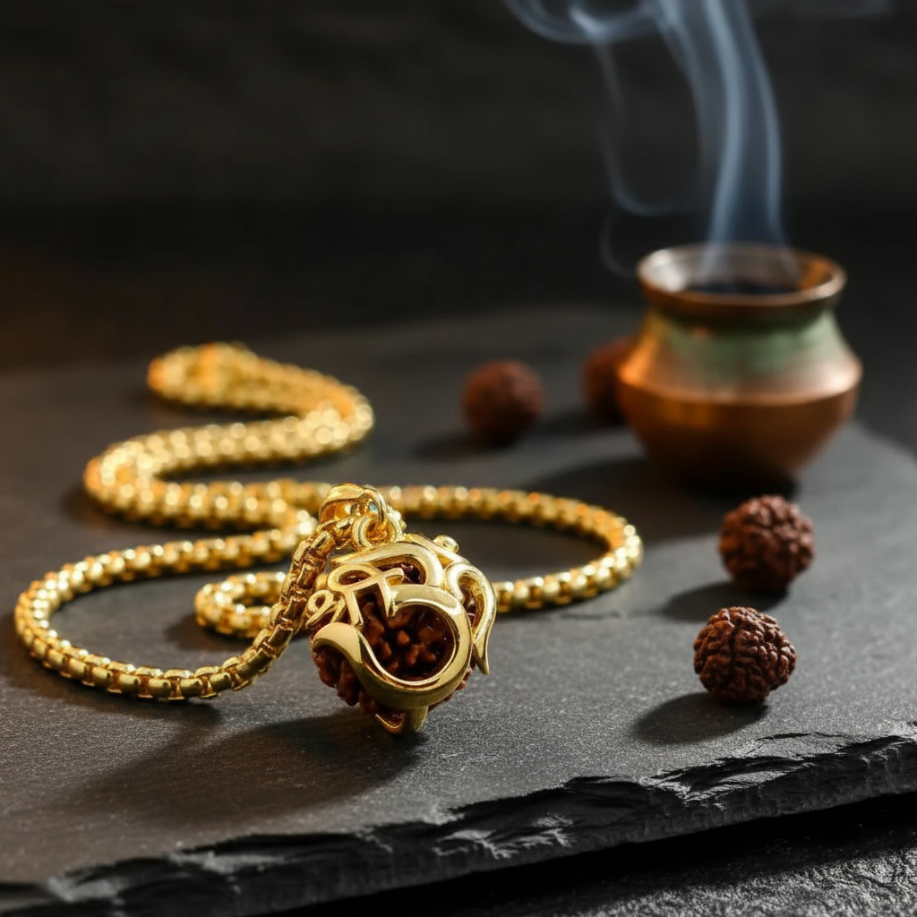 Om Rudraksha Pendant with Chain - Dramatic Version