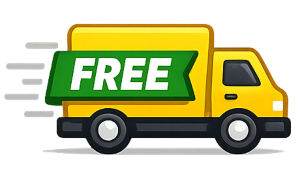 Yellow delivery truck with a green 'FREE' sign on a white background